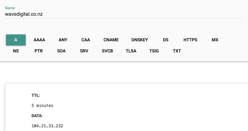 Google Admin Toolbox Dig showing the A record for wavedigital.co.nz