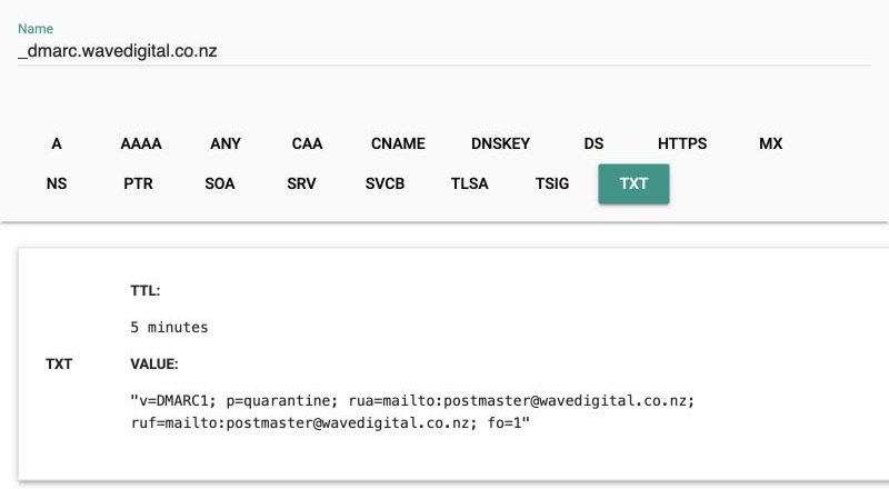 Google Admin Toolbox Dig showing a TXT lookup for _dmarc.wavedigital.co.nz that returns v=DMARC1; p=quarantine; rua=mailto:postmaster@wavedigital.co.nz and more