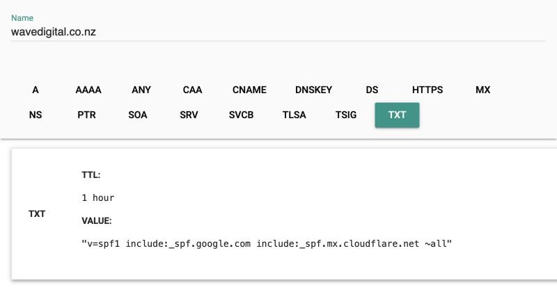 Google Admin Toolbox Dig showing a TXT lookup for wavedigital.co.nz that returns v=spf1 include:_spf.google.com include:_spf.mx.cloudflare.net ~all