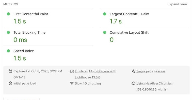 PageSpeed Insights lab metrics, with Largest Contentful Paint at 1.7 s