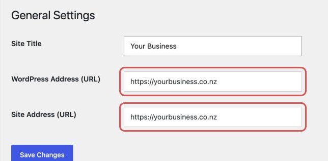 WordPress Settings > General showing both addresses starting with https://