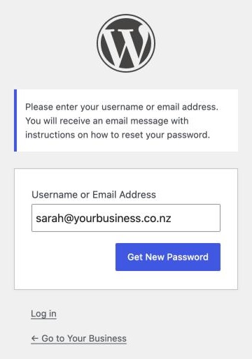 The WordPress Lost your password form with an email address entered