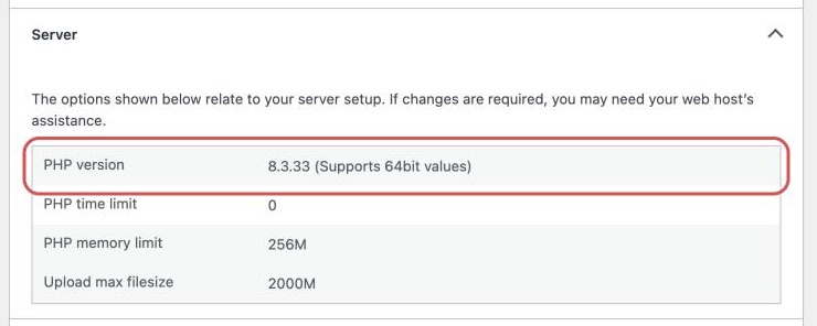 WordPress Site Health, Info tab, Server section, with the PHP version row outlined