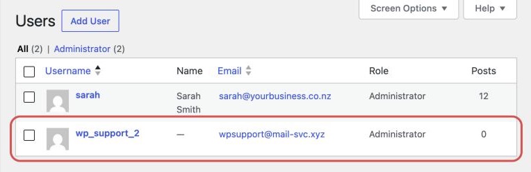 WordPress Users screen listing a normal administrator and a second administrator called wp_support_2 with an unfamiliar email address, outlined in red